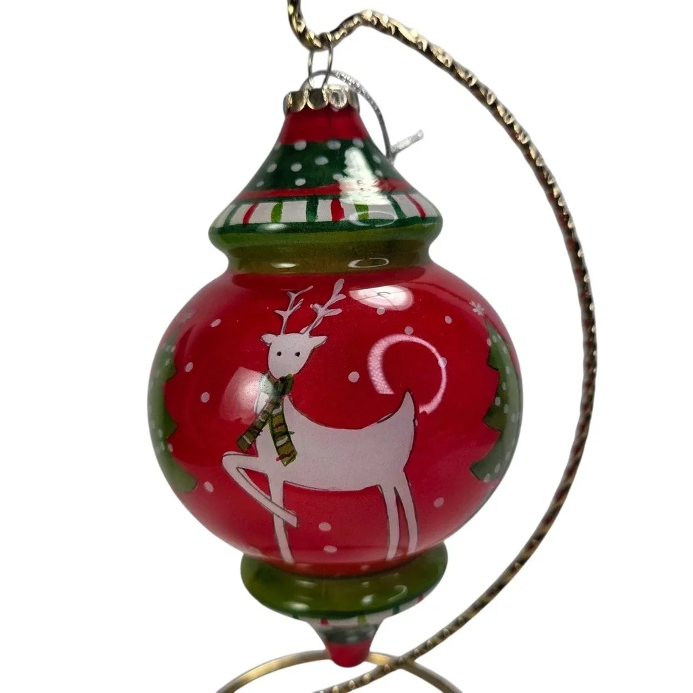 Pier 1 Li Bien Reindeer‎ Glass Ornament Handpainted Finial Red 2012 Gift Box